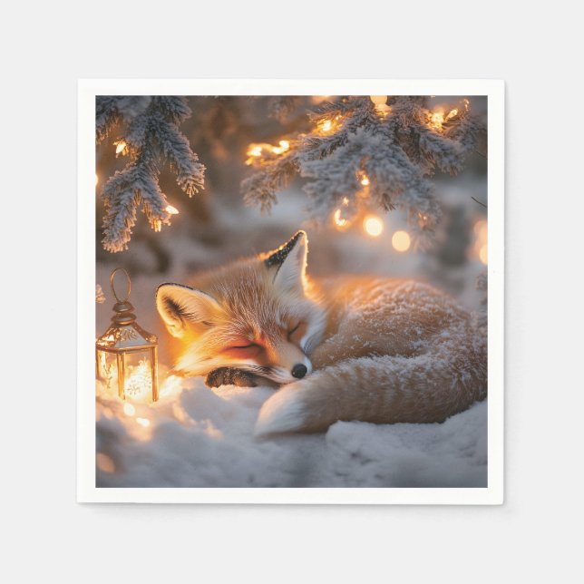 Guardanapo De Papel Raposa Dormindo Sob Ramificações De Neve (Frente)