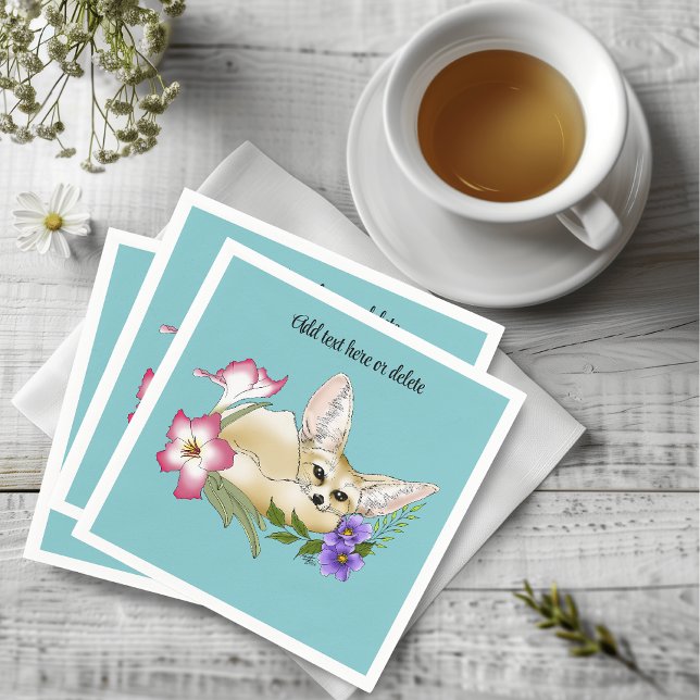 Guardanapo De Papel Raposa Fennec Flores Rosa Roxo Fofo Botânico Azul (Criador carregado)