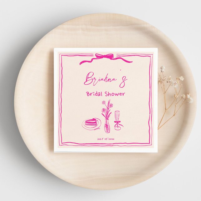 Guardanapo De Papel Rascunho desenhado à mão fita rosa retrô chá de no (Handdrawn scribble retro pink ribbon bridal shower template napkins personalized tableware decor)