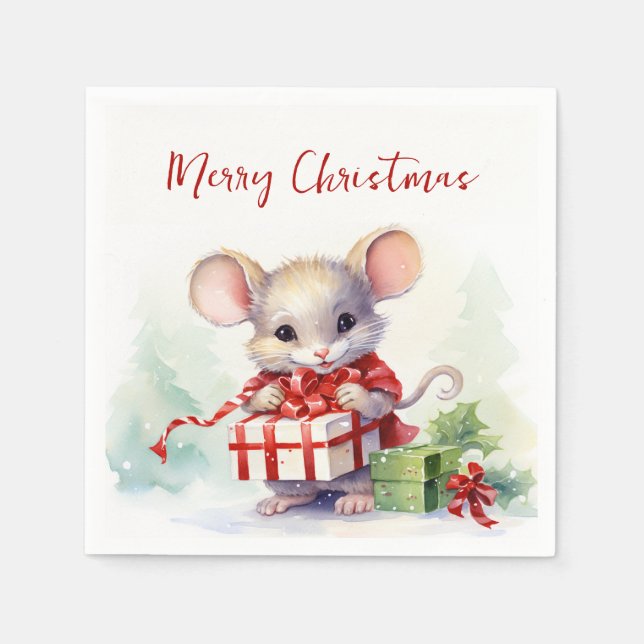 Guardanapo De Papel Rato Aquarela Com Presente De Natal (Frente)