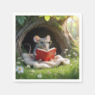 Guardanapo De Papel Rato Lendo um Livro Vermelho em uma Coberta