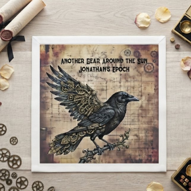 Guardanapo De Papel Raven Steampunk Gótico (Steampunk mechanical raven paper napkin for a dark academia birthday celebration)
