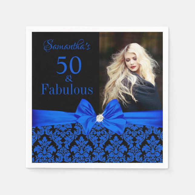 Guardanapo De Papel Real Blue Black Floral Damask 50th Birthday Foto (Frente)