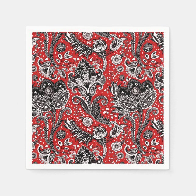 Guardanapo De Papel Red Black & White Floral Paisley Bohemian Boho (Frente)