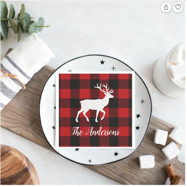 Guardanapo De Papel Red Buffalo Plaid & Reindeer | Personal Name Gift  (Criador carregado)