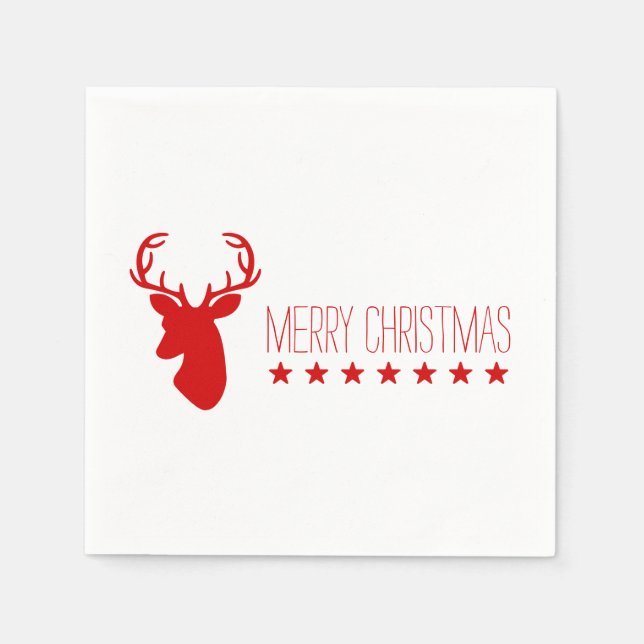 Guardanapo De Papel Red Deer Head E Stars Com Texto Feliz Natal (Frente)