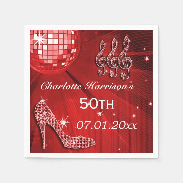 Guardanapo De Papel Red Disco Ball and Sparkle Heels 50th (Frente)