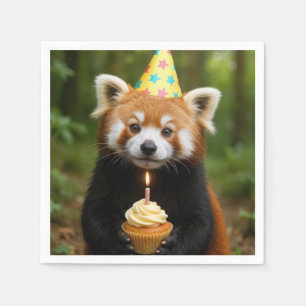 Guardanapo De Papel Red Panda Bear segurando um Cupcake de aniversário