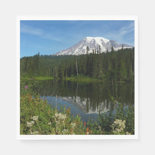 Guardanapo De Papel Reflexo do Lago Monte Rainier com Flores Silvestre (Frente)