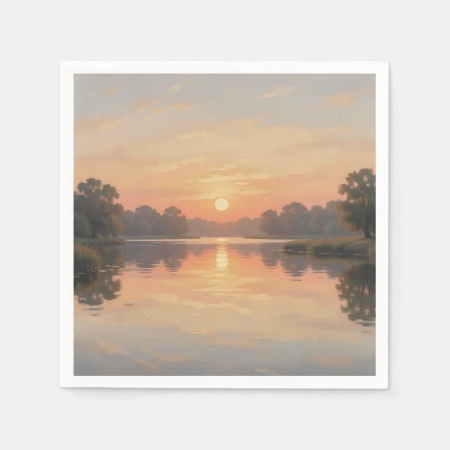 Guardanapo De Papel Reflexo do Lago na Hora Dourada Impressionista (Frente)