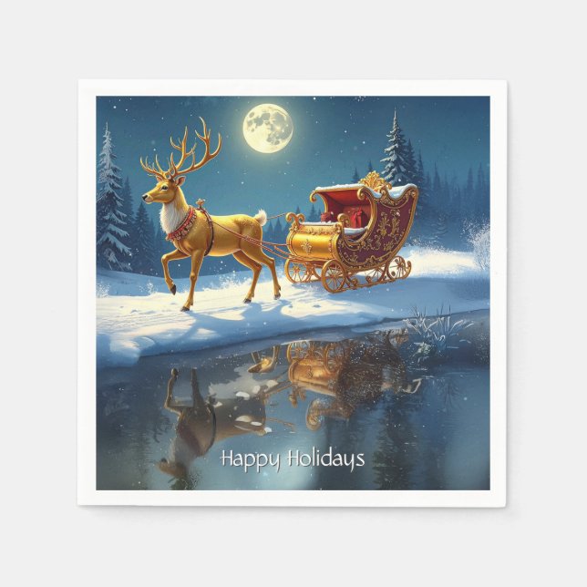 Guardanapo De Papel Reindeer Christmas Sleigh Holiday Napkin (Frente)
