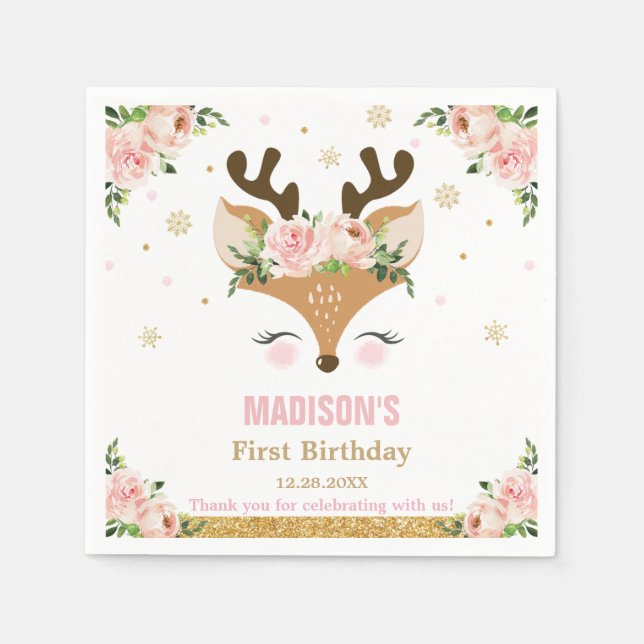 Guardanapo De Papel Reindeer Floral Snowflakes Aniversário de Natal (Frente)