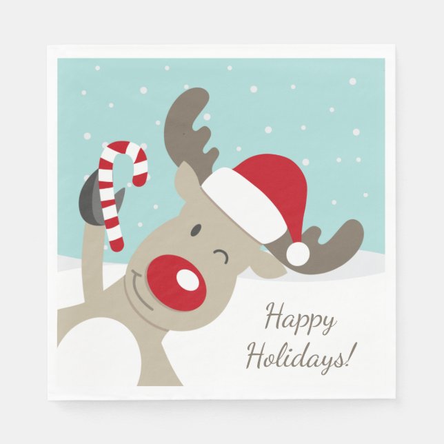 Guardanapo De Papel Reindeer Rudolph nariz vermelho no chapéu de Santa (Frente)