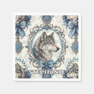 Guardanapo De Papel Retrato do Lobo de inverno em azul Ornamentado e q