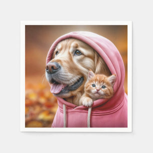 Guardanapo De Papel Retriever ouro e Kitty em Hoodie Rosa