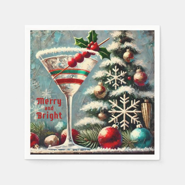 Guardanapo De Papel Retro 50s Cranberry Snowflake Martini de Natal (Frente)
