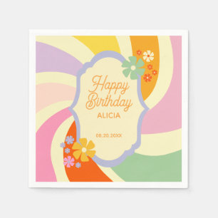 Guardanapo De Papel Retro 70s Groovy Wave Flower Feliz Aniversário