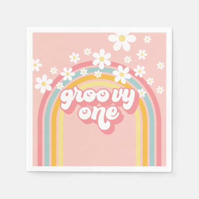 Guardanapo De Papel Retro Arco-íris Groovy Um 1º Aniversário (Frente)