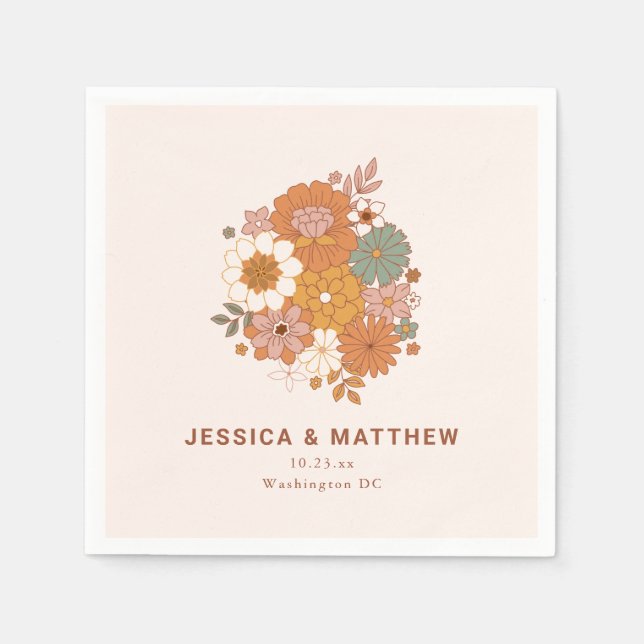 Guardanapo De Papel Retro Boho Terracotta Floral Custom Name Wedding  (Frente)