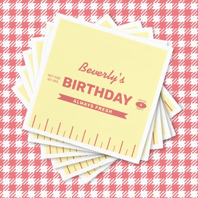 Guardanapo De Papel Retro Butter Stick Personalized Red Birthday Party (Retro stick of butter personalized birthday napkins in butter yellow with sweet red accents.)