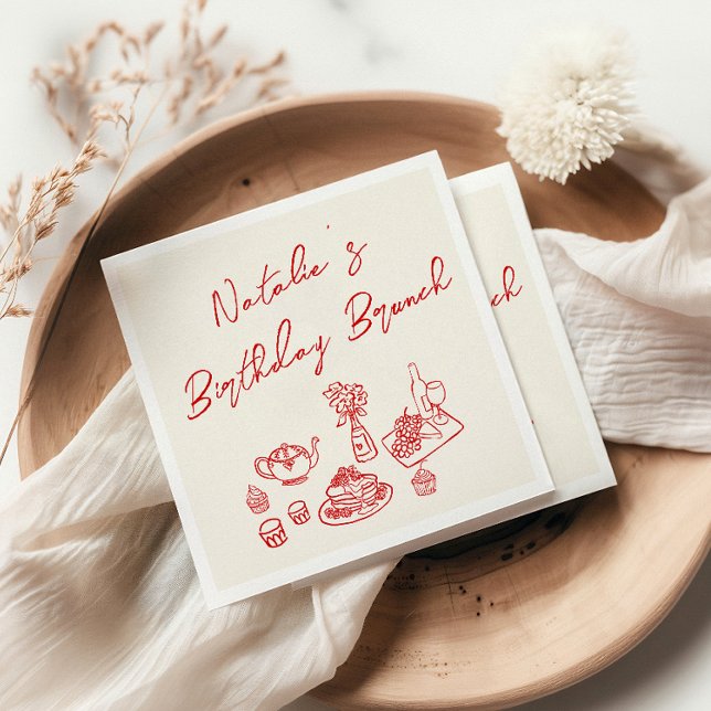 Guardanapo De Papel Retro Creme Vermelho Mão Desenhada Brava Aniversár (Criador carregado)