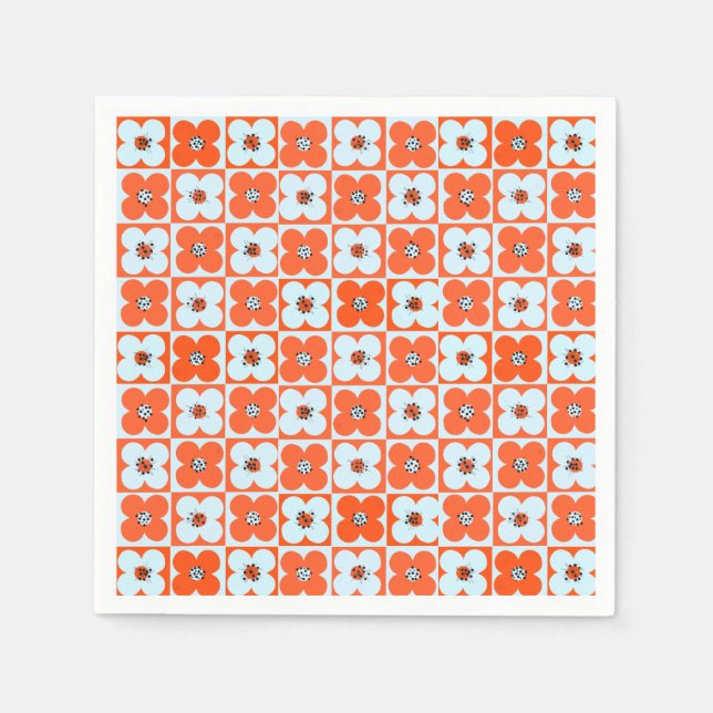 Guardanapo De Papel Retro Daisy Boho Checkered Orange Paper Napkin (Frente)