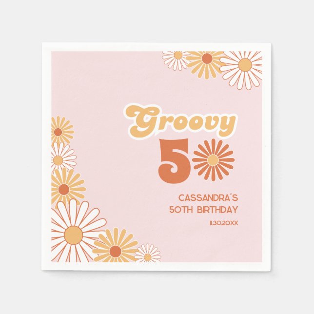 Guardanapo De Papel Retro Daisy Boho Laranja Rosa 50º Aniversário (Frente)