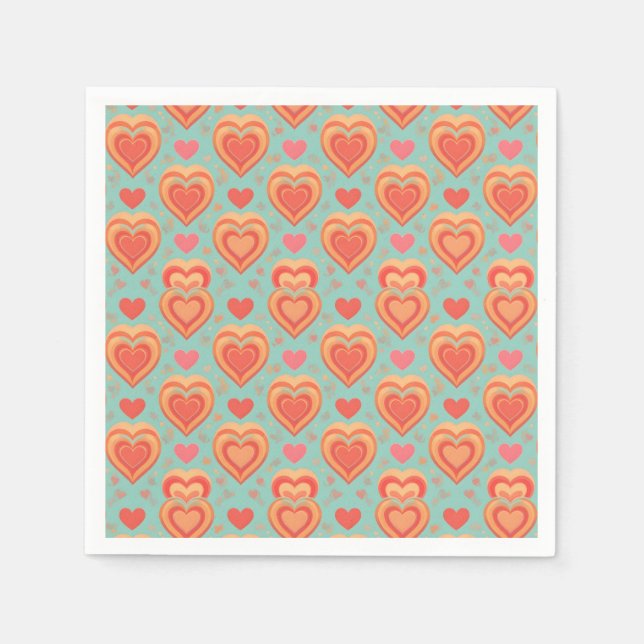 Guardanapo De Papel  Retro Groovy Hearts 70s Valentine Love Coral Mint (Frente)
