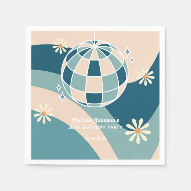 Guardanapo De Papel Retro Groovy Wave Disco Ball Daisy Green Birthday (Frente)