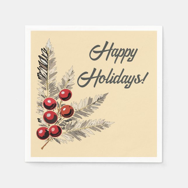 Guardanapo De Papel Retro Holly Berries e Evergreen (Frente)