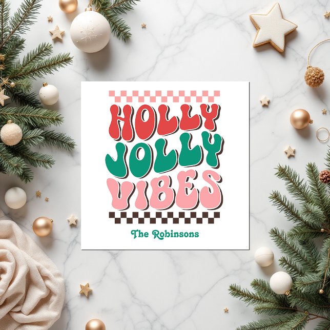 Guardanapo De Papel Retro Holly Jolly Vibes Festa de Natal Personaliza (Retro Holly Jolly Vibes Custom Christmas Party Napkins)