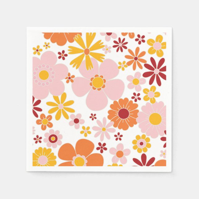 Guardanapo De Papel Retro Laranja Floral rosa Aniversário (Frente)