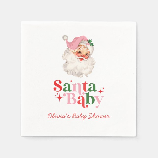 Guardanapo De Papel Retro Pink Santa Baby christmas baby shower (Frente)