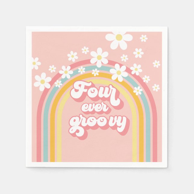 Guardanapo De Papel Retro Rainbow Four Ever Groovy 4th Birthday (Frente)