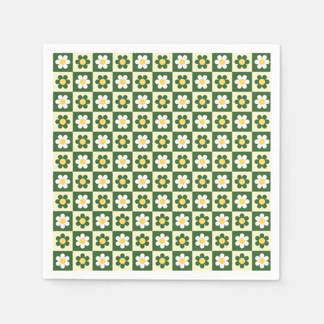 Guardanapo De Papel Retro Sage Green and Cream Daisy Checkerboard  (Frente)