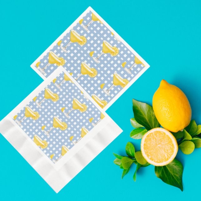 Guardanapo De Papel Retro Sunny Yellow Lemon Drop Blue Check (Perfect lemon party napkins!)