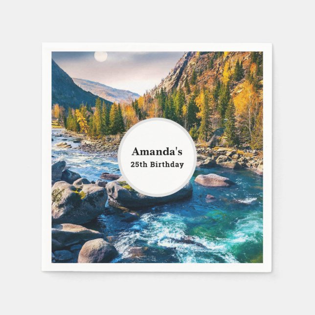 Guardanapo De Papel Rio e Montanhas Foto Cênica Aniversário (Frente)