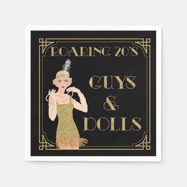 Guardanapo De Papel Roaring 20's Flapper Preto e Dourado (Frente)