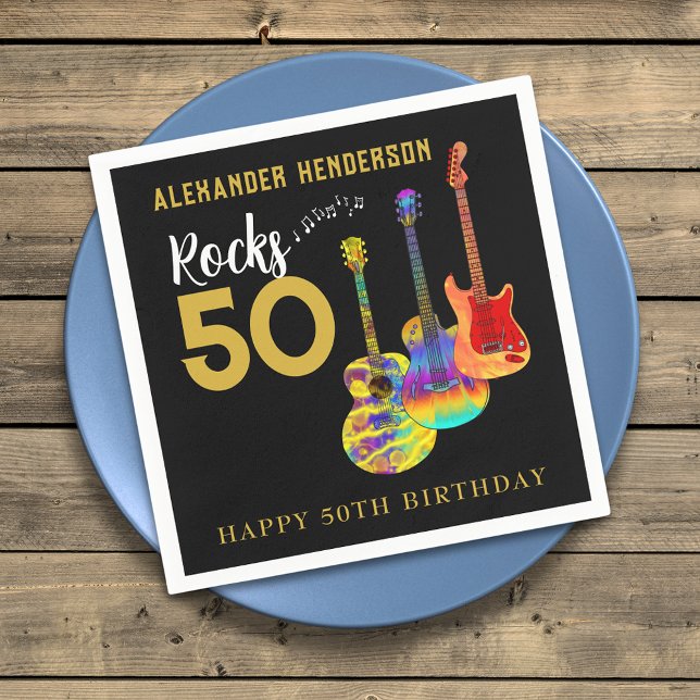Guardanapo De Papel Rock and Roll 50th Festa de aniversário (Rock and roll 50th birthday party napkin for him funky guitars cool gold typography on Black)
