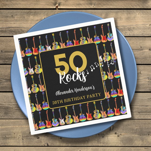 Guardanapo De Papel Rock and Roll 50th Festa de aniversário Personaliz (Rock and roll 50th birthday party custom napkins with black and gold typography )