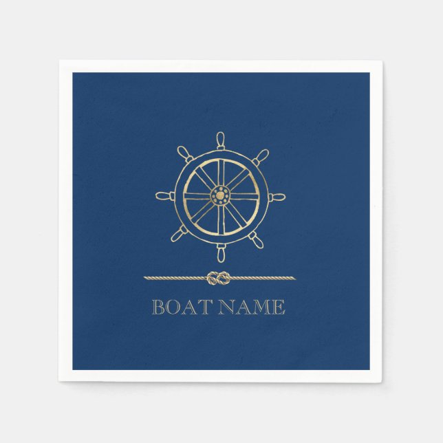 Guardanapo De Papel Roda de Leme Náutica Dourada, Azul Marinho (Frente)