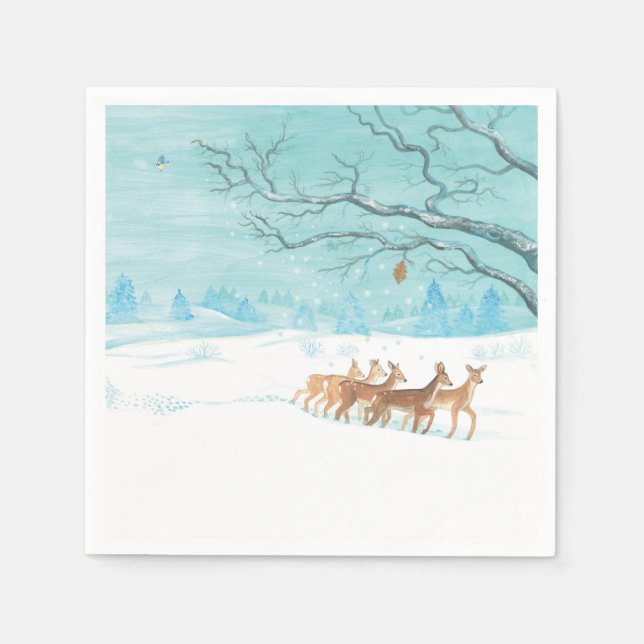 Guardanapo De Papel Roe Deer na floresta de inverno coberta de neve (Frente)