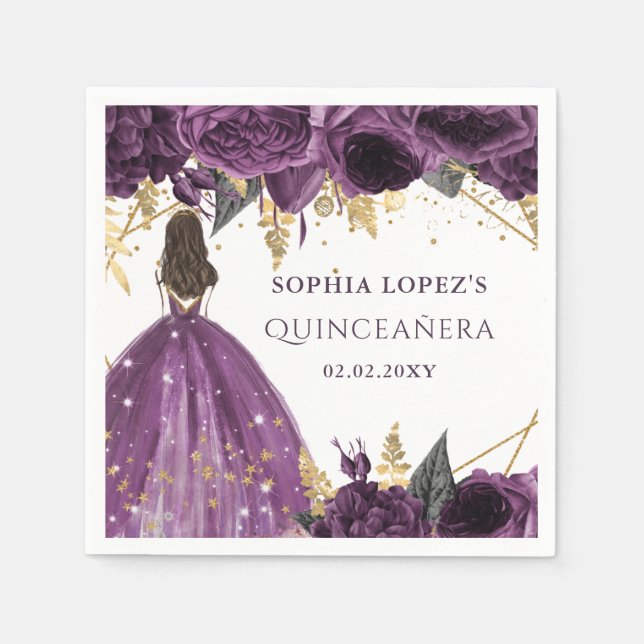 Guardanapo De Papel Rojão Princesa Floral Dourado Roxo Quinceanera  (Frente)