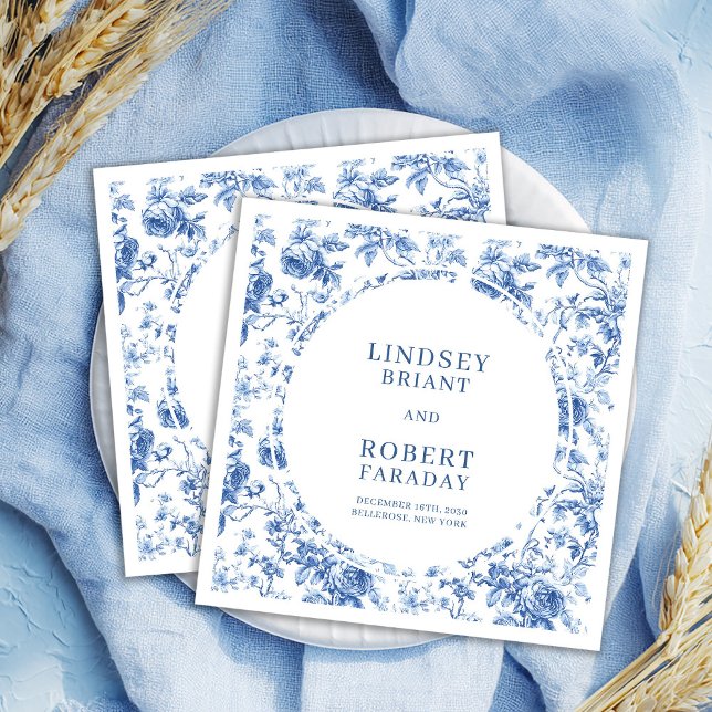 Guardanapo De Papel Romantic Blue Roses Toile Personalized Wedding  (Romantic Blue Roses Toile Personalized Wedding Napkins)