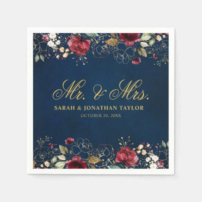 Guardanapo De Papel Romântica Aquarela Burgundy Marinho Vermelho Flora (Frente)