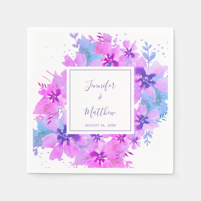 Guardanapo De Papel Romântica Aquarela Púrpura Casamento Floral Napkin (Frente)