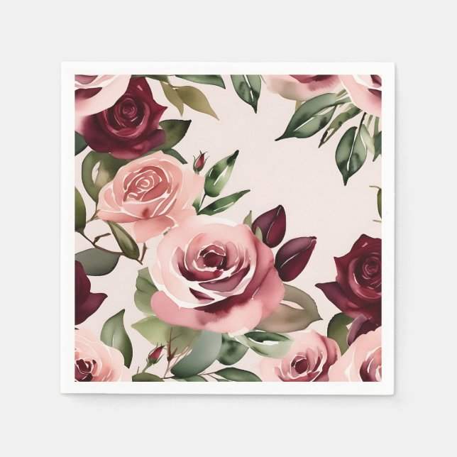 Guardanapo De Papel Romântica Blooms Rosas de Aquarela Borgonha (Frente)