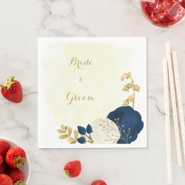 Guardanapo De Papel Romântico navy & flores brancas casamento dourado (Insitu)