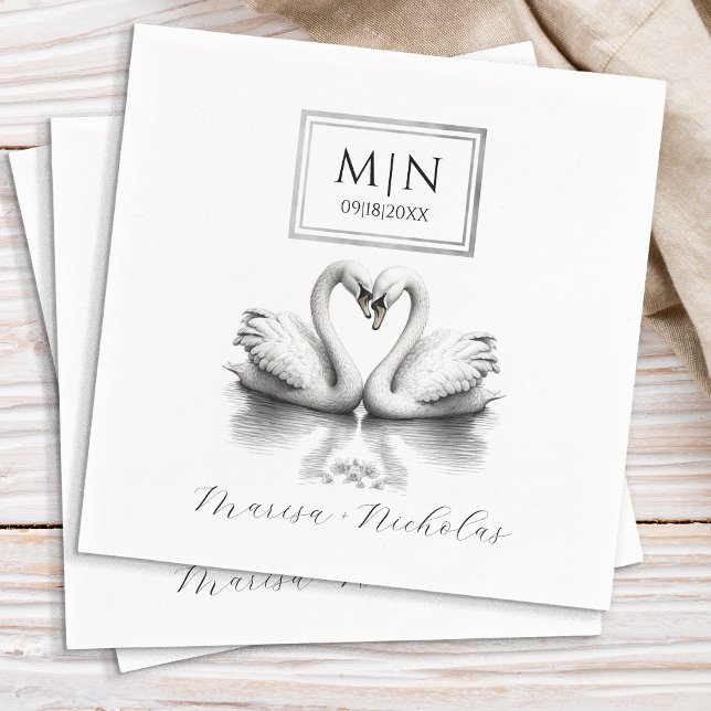 Guardanapo De Papel Romântico Swan Wedding Napkins | Preto & Branco (Elegant Wedding Napkins)