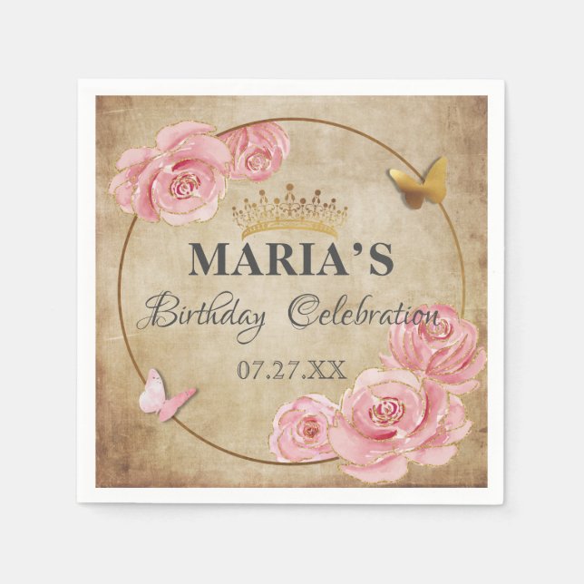 Guardanapo De Papel Rosa Blush Borboleta Rosa Coroa Dourada Quinceaner (Frente)